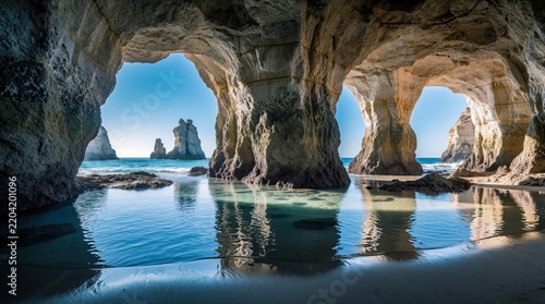 View from inside sea cave looking at ocean coast. Large rock arches, stone pillars stand in blue water. Sunlight reflects on calm lagoon surface. Natural geological formations create beautiful