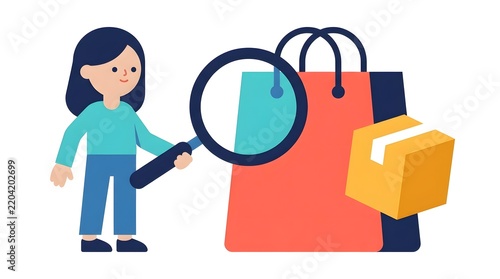 Woman examining shopping bag and package with magnifying glass flat vector illustration