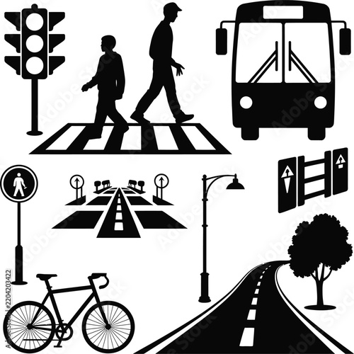 Pedestrians and cyclists navigating urban transportation infrastructure with public transit icons