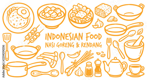 Indonesian cultural food traditional cuisine doodle set. nasi goreng, rendang, satay skewers, tempeh. for authentic restaurant menu, southeast asian travel guide. orange outline vector art.