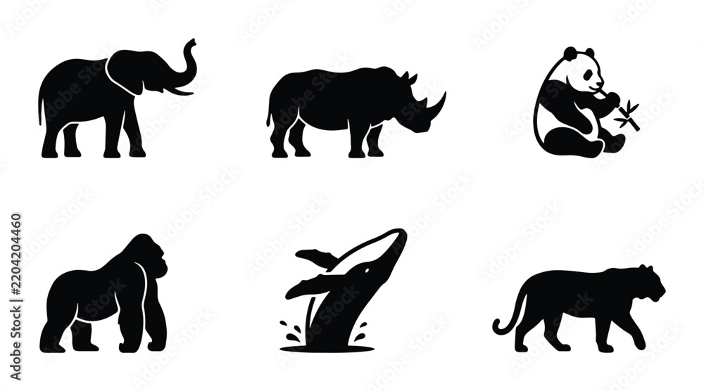 Fototapeta premium African Elephant, Rhinoceros, Panda Bear, Gorilla, Whale, Big Cat Silhouettes: Wildlife Icons Set