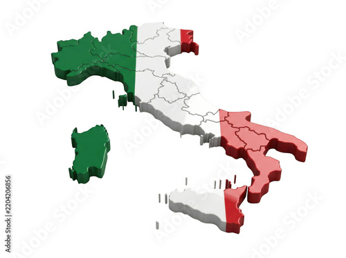 3d map of italy with national flag texture isolated on transparent background