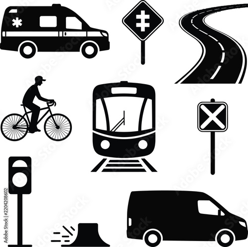Set of black and white transportation and road safety icons featuring ambulance, cyclist, train, and warning signs