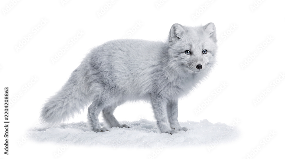 Fototapeta premium Arctic fox with striking blue eyes standing on snow against a white background