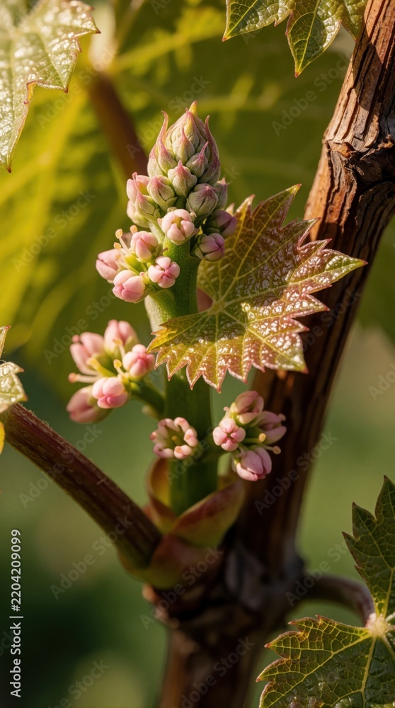 Obraz premium Close up of fresh green grape vine bud with small pink flowers. New shoot grows on grapevine stem in spring vineyard. Small leaves, flower cluster emerge during growing season in agriculture farm