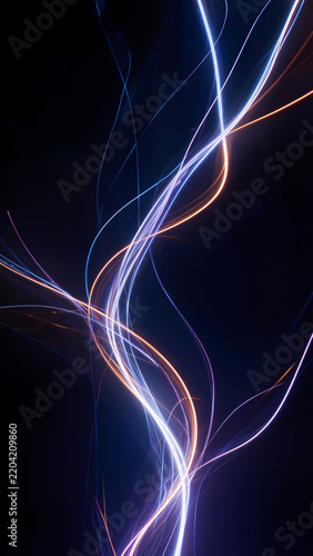 Intersecting violet and orange light trails twisting on dark blue background