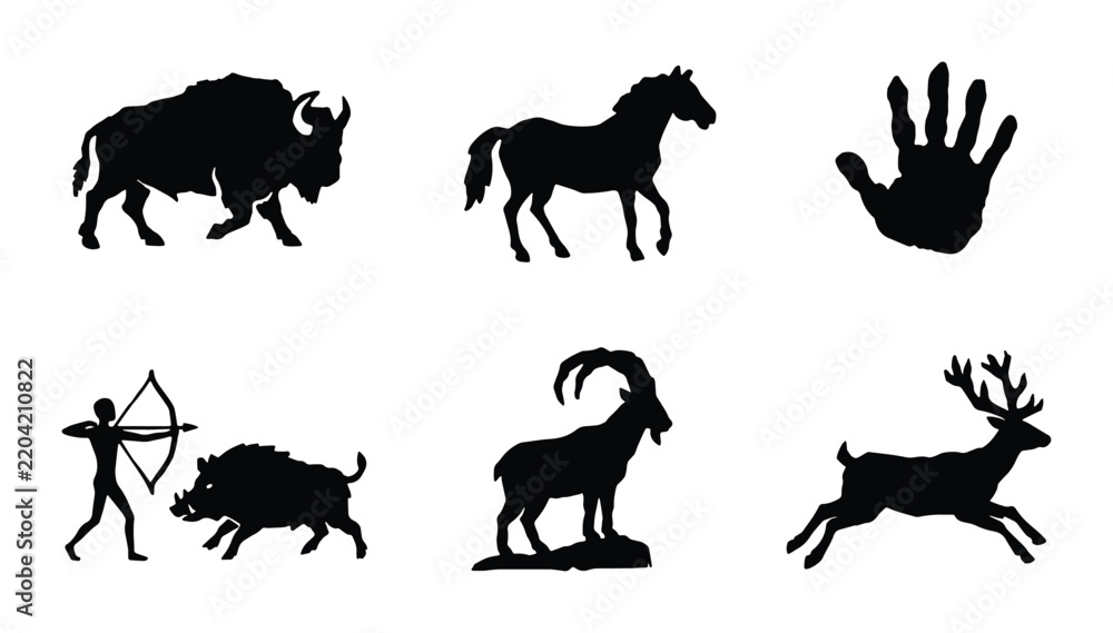 Obraz premium Primitive Cave Art Icons: Bison, Horse, Handprint, Hunter, Boar, Ibex, Deer Silhouettes