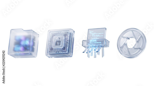 Transparent 3d icons set featuring data privacy symbols for technology and cybersecurity design