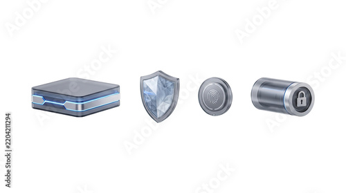 3d network security icons with shield and lock for digital technology design and cyber security projects