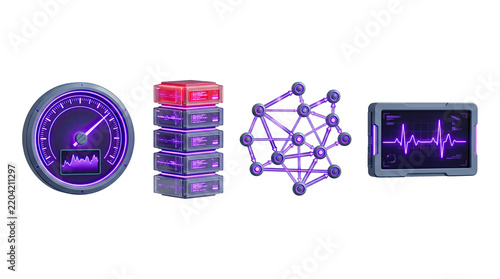 3d futuristic it observability assets with neon elements for tech design and analytics interfaces