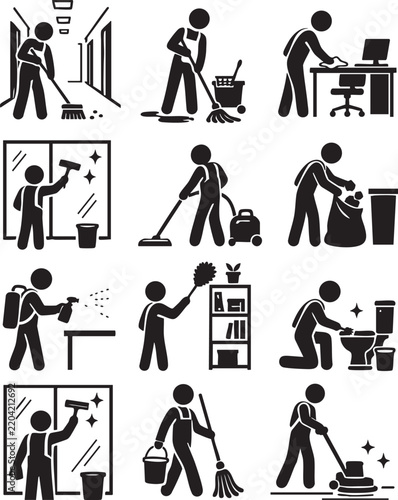 Set of cleaning service icons black and white pictogram illustration for business and housekeeping concepts