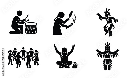Native American Icons Set: Tribal Dance, Drumming, Ceremony, Totem Pole, Rituals, Culture Vector