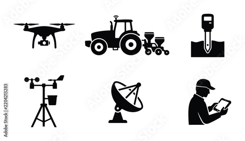 Smart Farming Icons: Drone, Tractor, Soil Meter, Weather Station, Satellite Dish, Farmer
