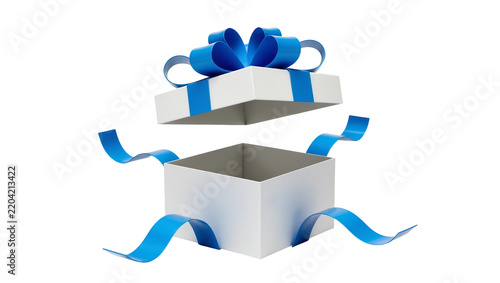 Open white gift box with blue ribbon and bow, isolated on transparent background