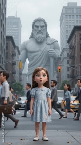 3D Girl Standing in Noisy City with God Behind Her