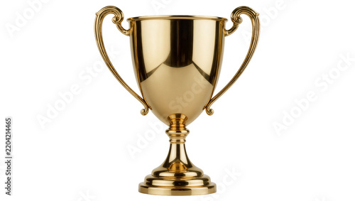 Shiny golden trophy cup with ornate handles, isolated on transparent background
