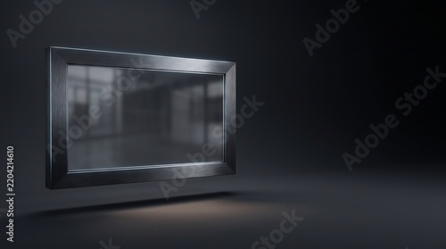 Modern display screen or television with metallic frame isolated in dark studio