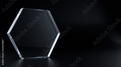 Blank glass hexagon award trophy template on dark background with space for text