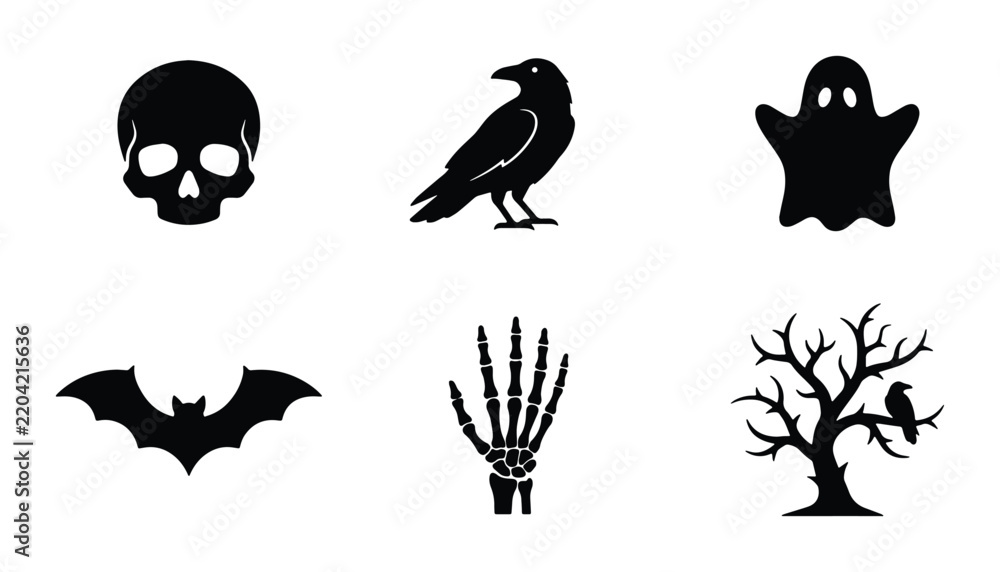 Fototapeta premium Halloween Icons Set: Spooky Skull, Crow, Ghost, Bat, Skeleton Hand, Haunted Tree Vector Graphics