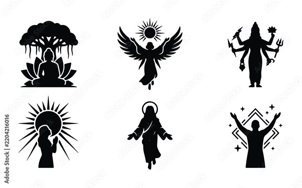 Fototapeta premium Spiritual Icons Collection: Buddha, Angel, Jesus, Hindu Deity, Human Figures, 6 Vector Silhouettes