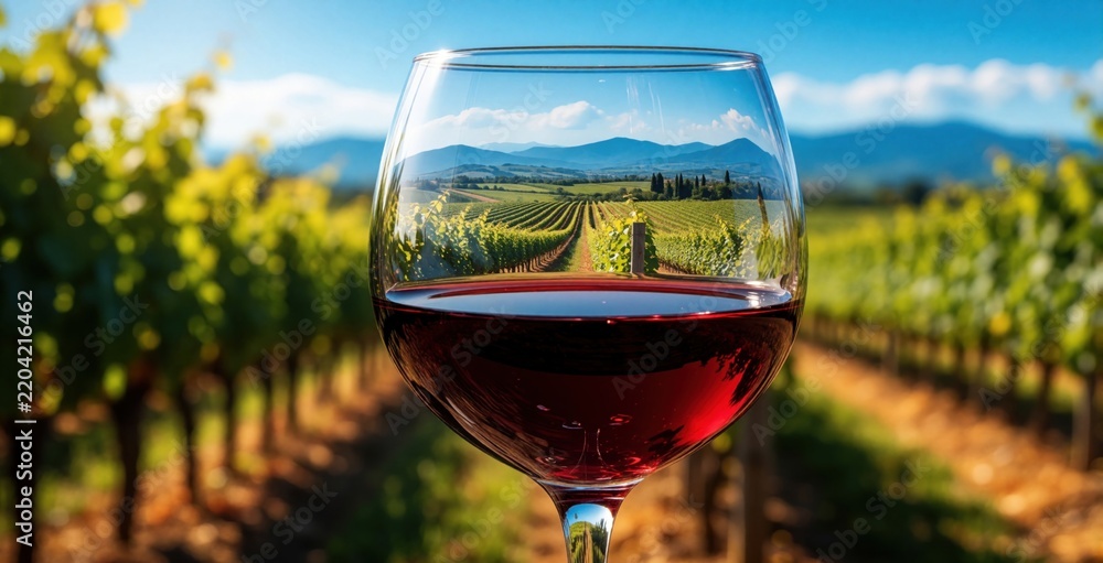 Obraz premium Wine glass reflects vineyard rows under bright sun sky. Rows of green vine leaves surround the drink on farm hillside. Scenic view suggests harvest or wine tasting day.
