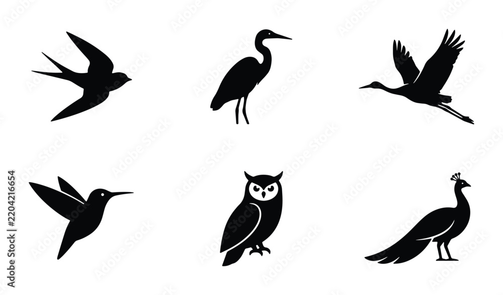 Fototapeta premium Diverse Bird Silhouettes Collection: Swallows, Heron, Crane, Hummingbird, Owl, Peacock Icons