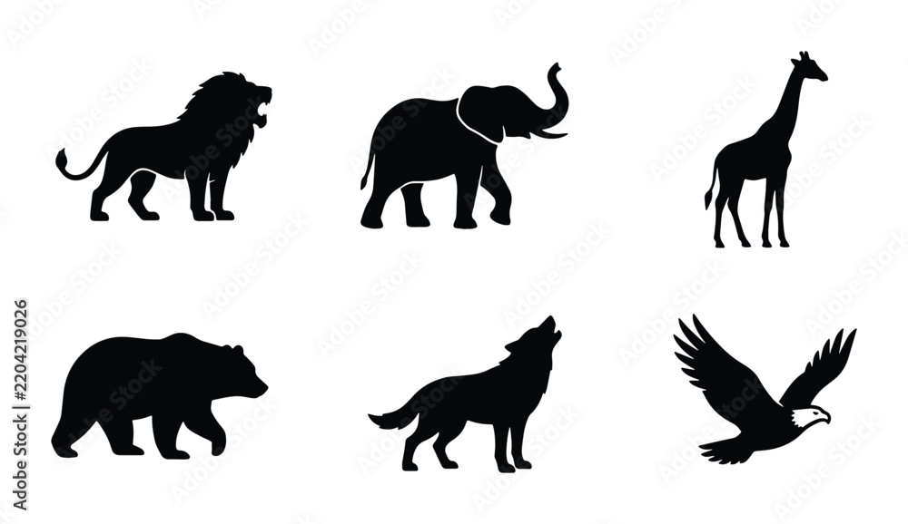 Obraz premium African Wildlife Silhouettes: Lion, Elephant, Giraffe, Bear, Wolf, Eagle Icons