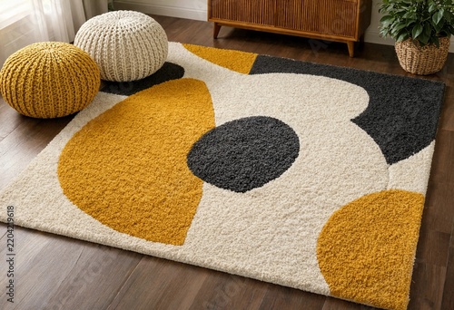 Modern Abstract Area Rug with Yellow and Charcoal Geometric Pattern in Cozy Living Room