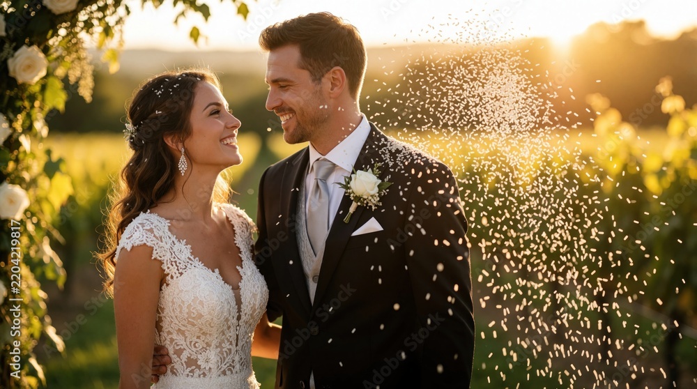 Obraz premium Happy bride, groom celebrate wedding outdoors at sunset. Newlyweds smile at white rice falls around. Romantic couple shares joyful moment during marriage ceremony in sunny vineyard. Beautiful woman