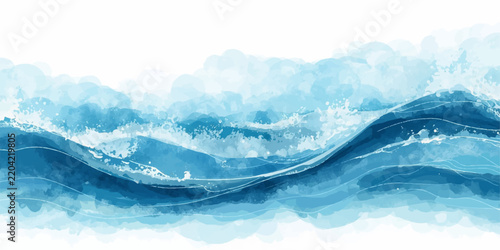 Abstract watercolor seascape with indigo blue waves, soft ocean and teal accents, elegant hand painted ocean illustration isolated on a clean white background