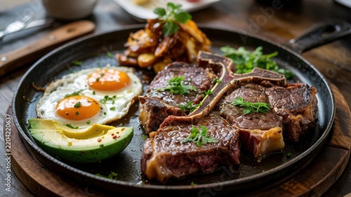 American cuisine, the dish T-Bone Steak and Eggs — a juicy T‑bone steak on the bone with a fried egg, a slice of avocado, French fries, and fresh herbs on a hot cast‑iron skillet.