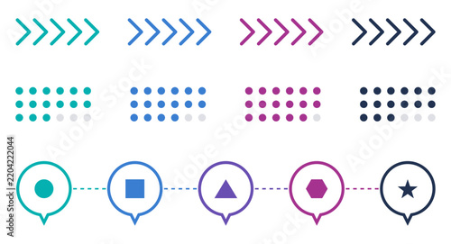 Vector infographic elements set featuring progress arrows dotted indicators and map pins