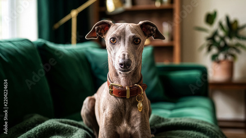 Italian greyhound dog wearing leather collar sitting on green velvet sofa in living room