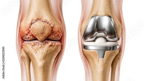 Human knee anatomy showing severe osteoarthritis and total knee replacement implant with damaged joint comparison isolated on white background