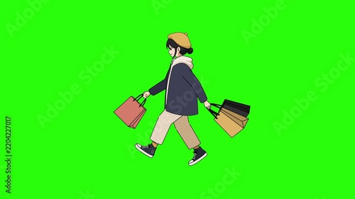 Animated walking carrying shopping bags on a green screen,  Ideal for sales, commerce, lifestyle and fashion related video projects. 4k video.
