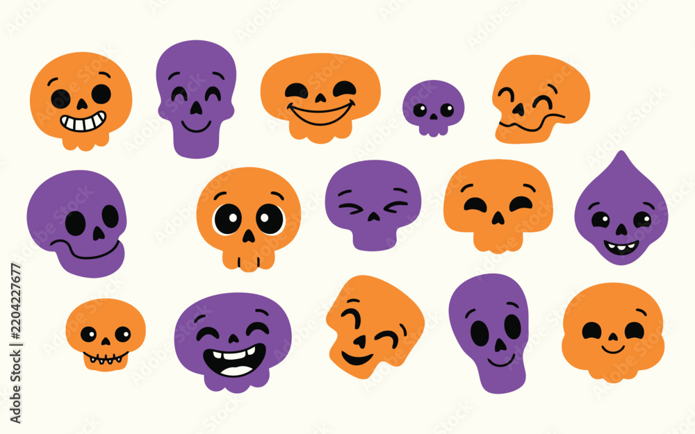 Fototapeta premium Collection of colorful cartoon skulls in orange and purple for halloween designs