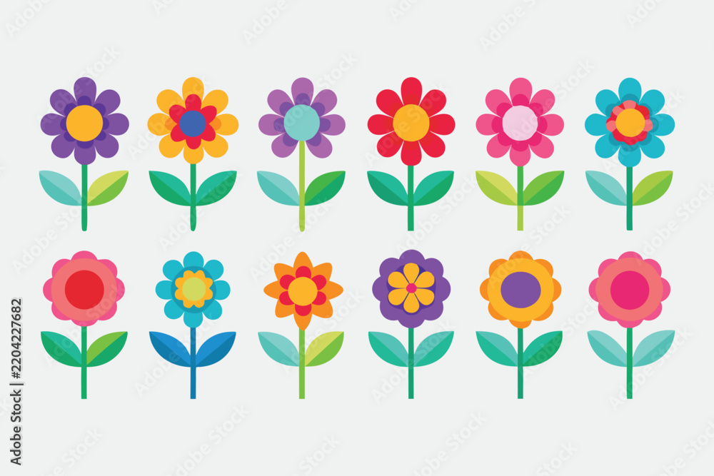 Obraz premium Colorful flat flower icons set, 12 floral vector elements with green leaves, spring blossom garden illustrations