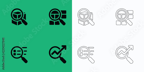 Magnifying glass and data analysis set in solid black and thin line styles on green and white background