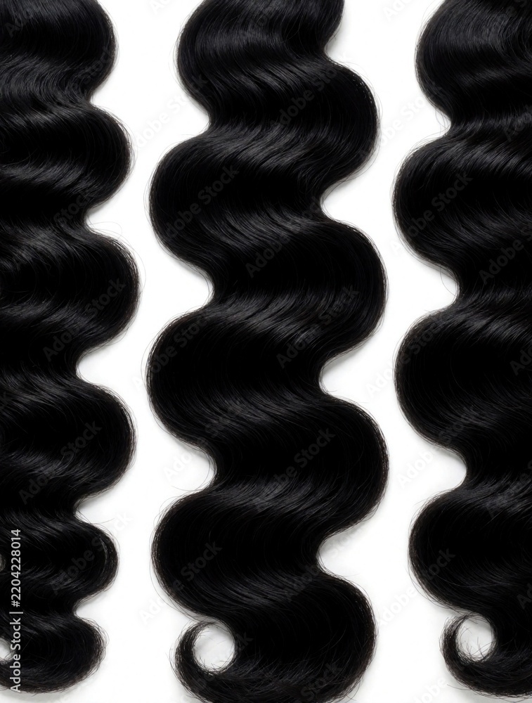Fototapeta premium Three bundles of long wavy black hair lie on white background. Smooth silky hair extensions with dark color for beauty salon use. Natural texture wavy hair weaves for wig making hair styling. Pro