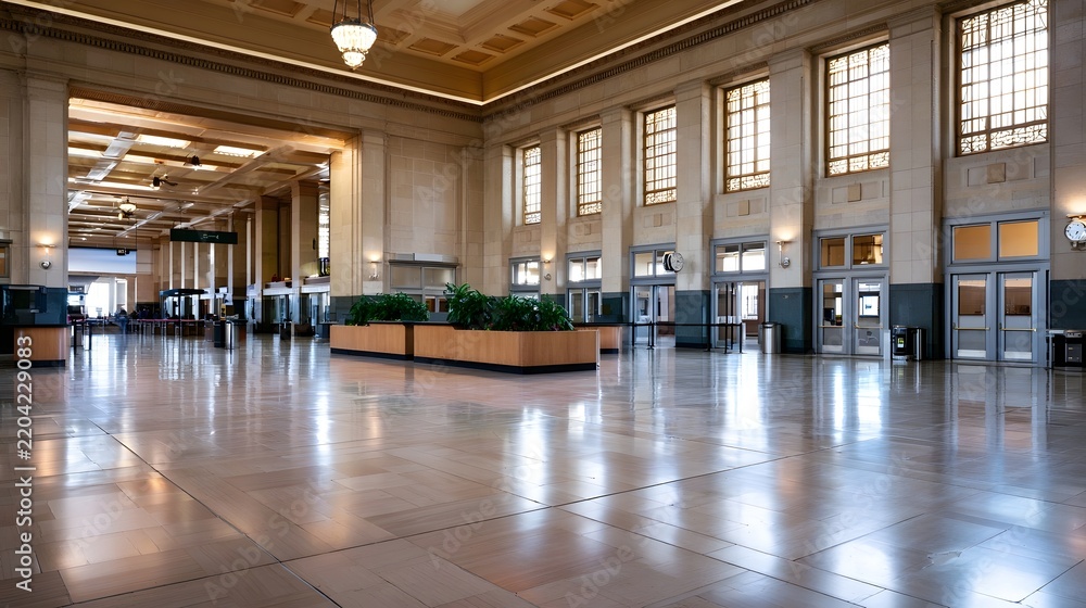 Obraz premium A grand empty train station hall with polished floors tall and decorative architectural details under bright daylight