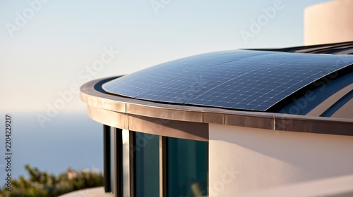 Curved solar panels are placed on a modern building rooftop at sunset