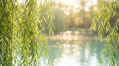 Serene weeping willow branches rustling in a gentle breeze near a calm pond.