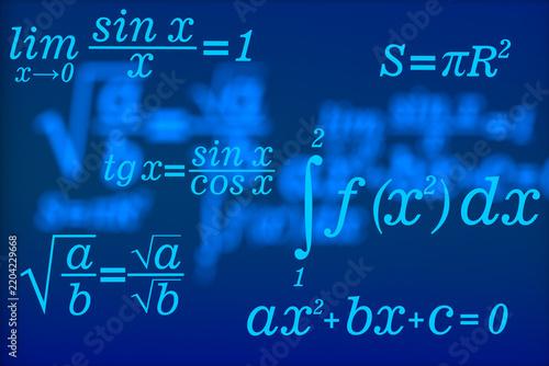 Bright cyan math notation spans dark blue backdrop, including algebraic, calculus, and trigonometric expressions. Abstract layout feels modern and cerebral, evoking education, research, and calm