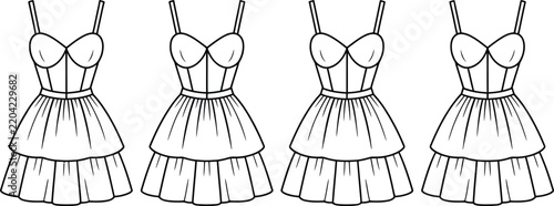 Bild auf Leinwand Four identical black and white line of sleeveless skater dresses with sweetheart