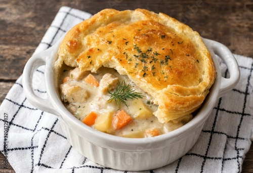 Delicious homemade chicken pot pie in a white ceramic dish on a rustic wooden table