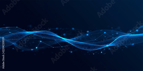Abstract futuristic blue wave background with glowing particles, dynamic light lines, digital connectivity and wireframe mesh for technology design