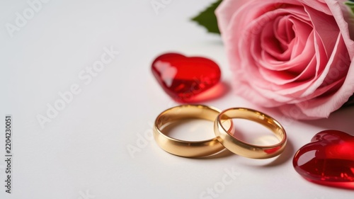 A romantic composition consisting of two golden wedding rings, a delicate pink rose, and two red glossy hearts on a light background with space for text.