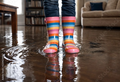 A person wearing colorful striped rubber boots standing in indoor flood water on a hardwood floor representing home damage and insurance claims