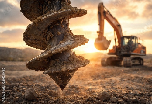 Industrial auger drill bit drilling into rocky soil on a construction site with heavy machinery at sunset