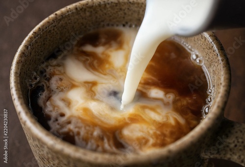 A close-up view of creamy white milk pouring into a dark rustic ceramic mug of hot morning coffee